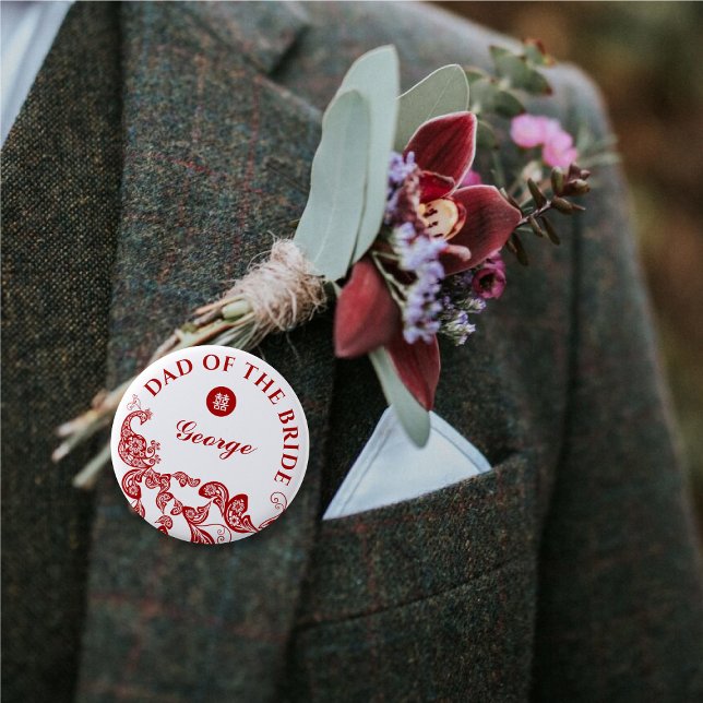Red Boho Peacock Asian Wedding Father of the Bride Button (DAD OF THE BRIDE Red Boho Peacock Double Happiness Chinese Wedding  Pin Button @ fatfatin_red_knot)
