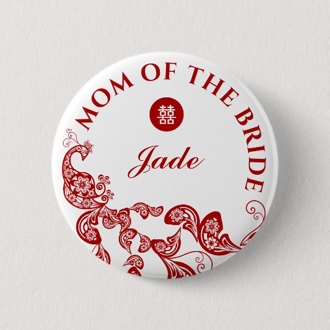 Red Boho Peacock Asian Wedding Mother of the Bride Button (Vorderseite)