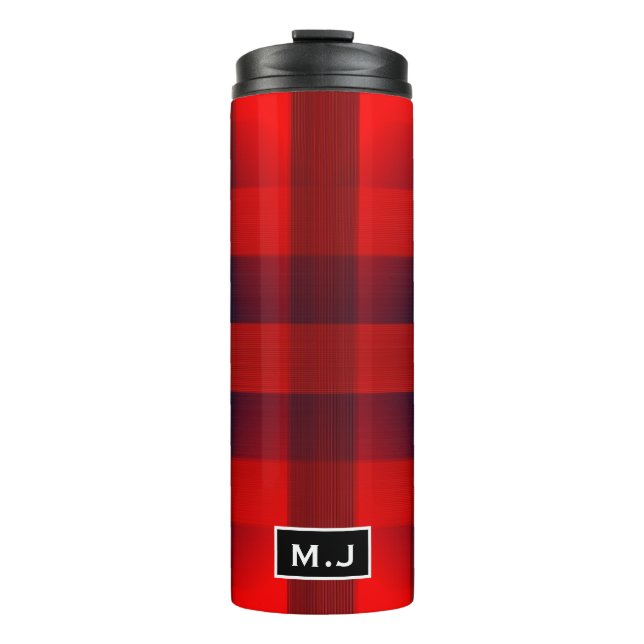 Red Bokeh Buffalo Kariert Monogram Thermosbecher (Vorderseite)