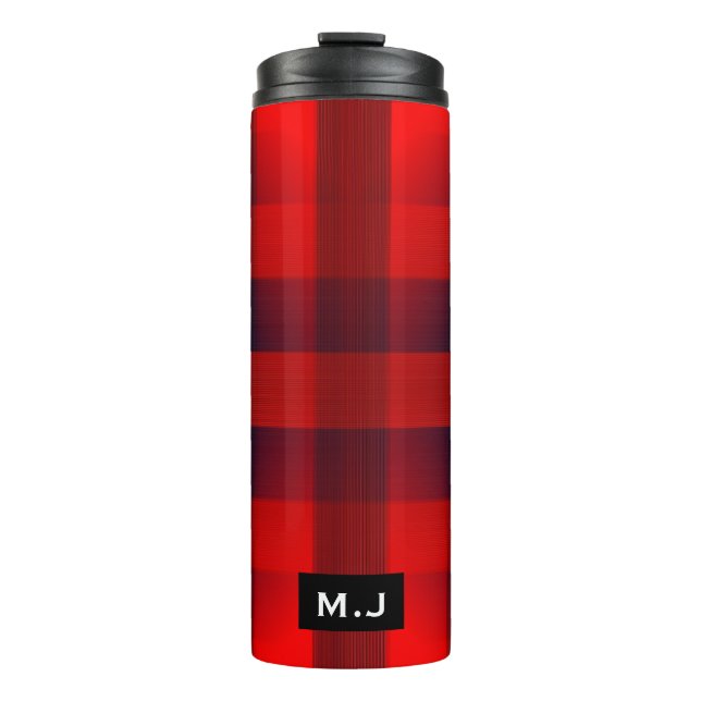 Red Bokeh Buffalo Kariert Monogram Thermosbecher (Vorderseite)