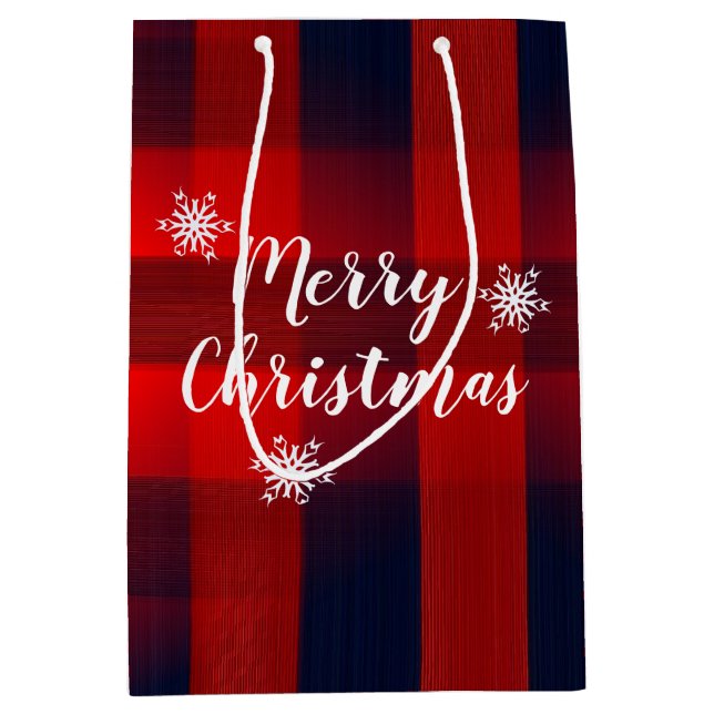 Red Bokeh Buffalo Plaid Merry Christmas Mittlere Geschenktüte (Vorderseite)