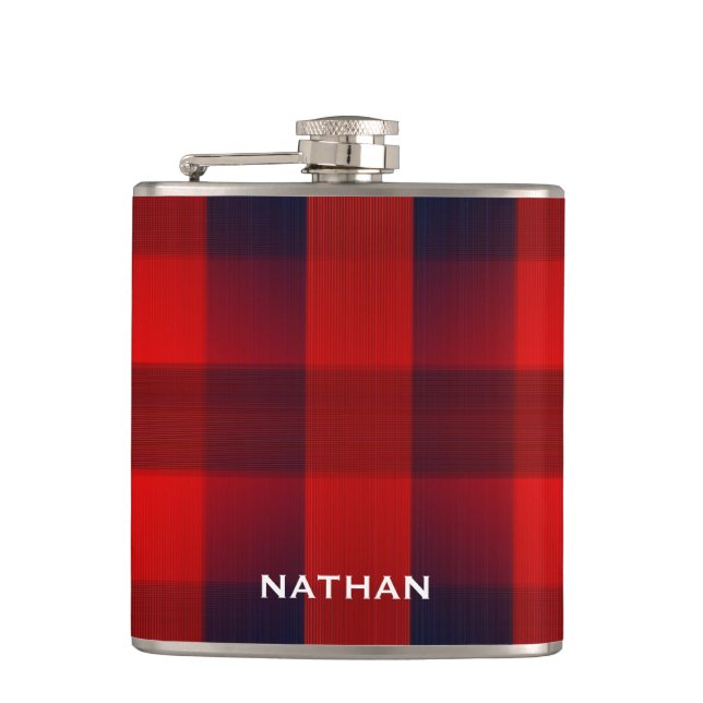 Red Bokeh Buffalo Plaid Personalised Flachmann (Vorderseite)