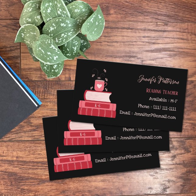Red Books Black Business Cards lesen Visitenkarte (Red  books and cup , reading teacher black standard business card . )