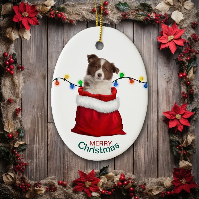 Red Border Collie Puppy in Holiday Gift Bag Keramik Ornament (Von Creator hochgeladen)