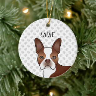 Red Boston Terrier Cartoon Dog Head & Individuelle Keramik Ornament