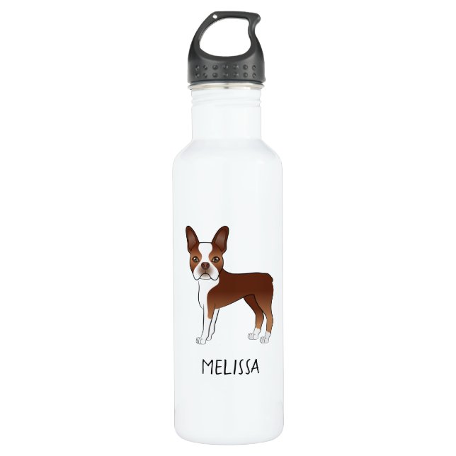 Red Boston Terrier Cartoon Dog & Ihr Individuelle  Edelstahlflasche (Vorderseite)