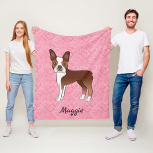 Red Boston Terrier Hund auf rosa Herzen und Name Fleecedecke