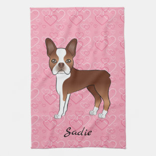 Red Boston Terrier Hund auf rosa Herzen und Name Geschirrtuch