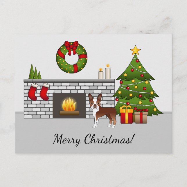 Red Boston Terrier in einem festlichen Weihnachtsz Postkarte (Vorderseite)