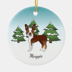 Red Boston Terrier in einem Winterwald & Name Keramik Ornament