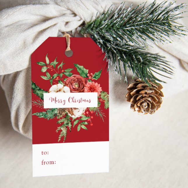 Red Botanical Weihnachtsgeschenke Tags Geschenkanhänger (Red Green Cream Watercolor Botanical Merry Christmas Gift Tags by Painted Paperie
)