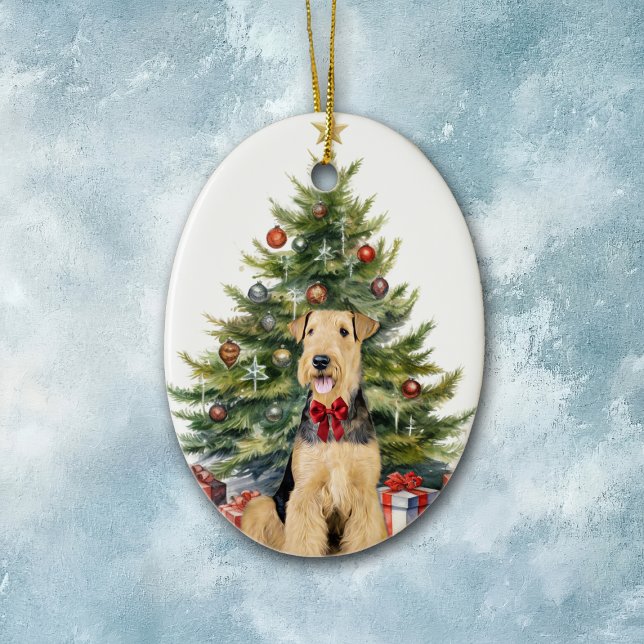 Red Bow Airedale Terrier Dog Weihnachten Keramik Ornament (Von Creator hochgeladen)
