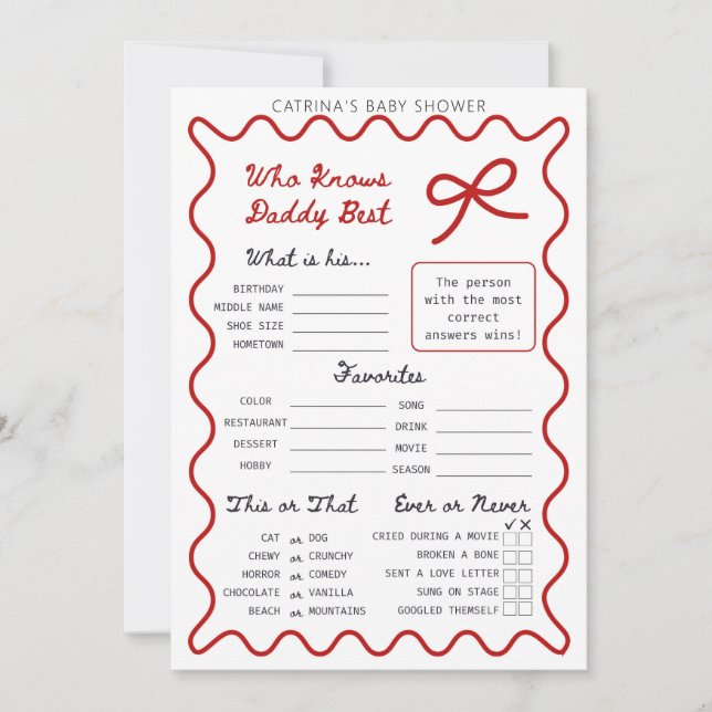 Red Bow Baby Shower - Bearbeitbarer Name, 12x18 Ei Einladung (Vorderseite)