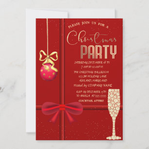 Red Bow, Ball, Champagne Glass Christmas Company Einladung