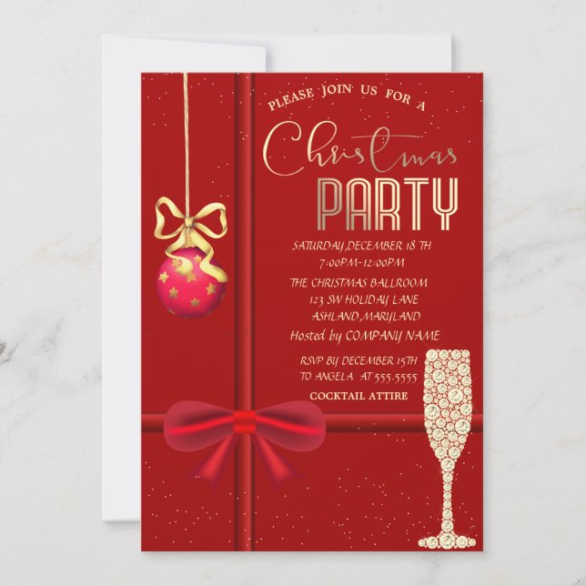 Red Bow, Ball, Champagne Glass Christmas Company Einladung (Vorderseite)