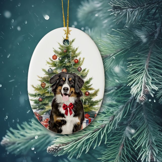 Red Bow Bernese Mountain Dog Weihnachten Keramik Ornament (Von Creator hochgeladen)