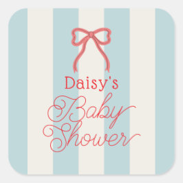 Red Bow & Blue Stripes Baby Shower Quadratischer Aufkleber