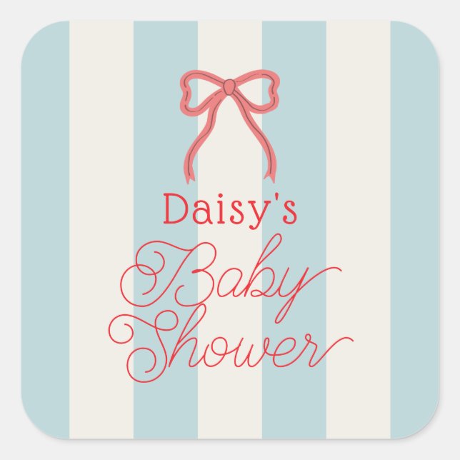 Red Bow & Blue Stripes Baby Shower Quadratischer Aufkleber (Vorderseite)