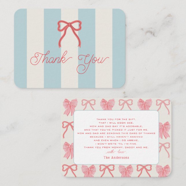 Red Bow & Blue Stripes Baby Shower Thank You Mitteilungskarte (Vorne/Hinten)
