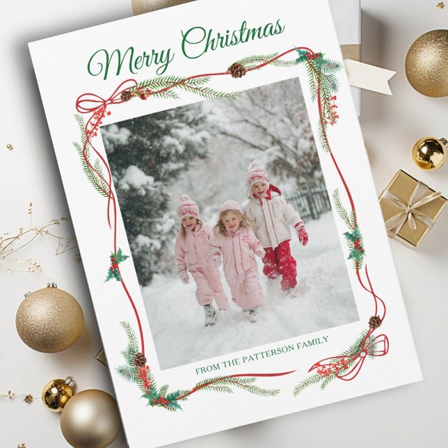 Red Bow Border -1 Foto Weihnachten (Festive Red Bow Border -1 Photo White Christmas Holiday Card)