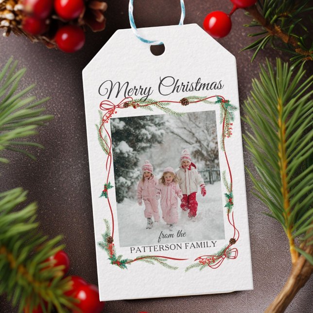 Red Bow Border -1 Foto Weihnachten Geschenkanhänger (Festive Red Bow Border -1 Photo White Christmas Gift Tags)