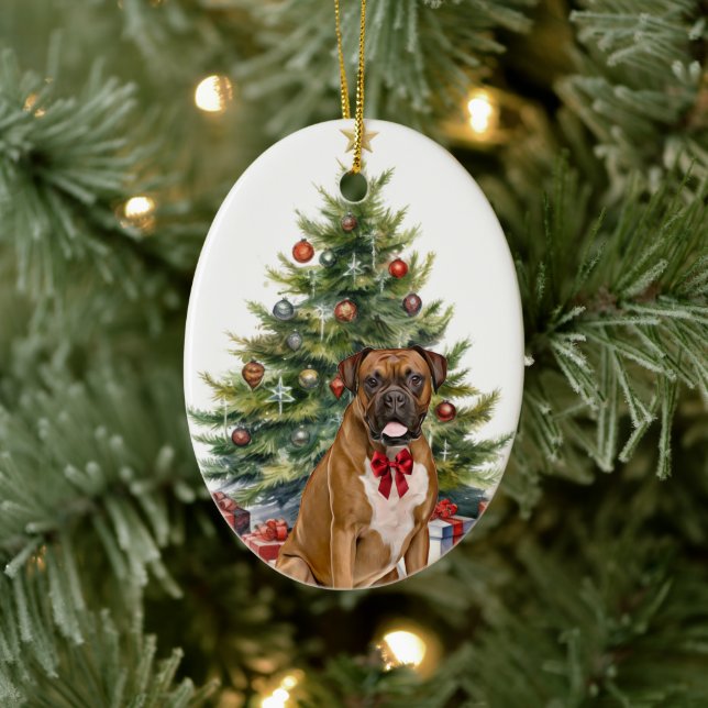 Red Bow Boxer Dog Weihnachten Keramik Ornament (Baum)