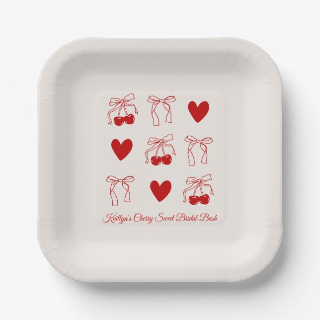 Red Bow Cherry Sweet Brautparty Paper Teller (Vorderseite)