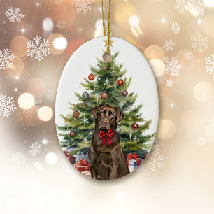 Red Bow Chocolate Labrador Retriever Christmas Keramik Ornament