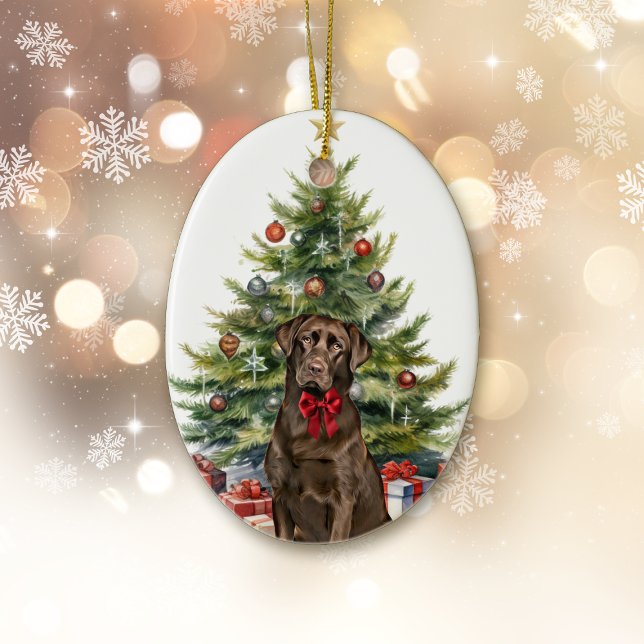 Red Bow Chocolate Labrador Retriever Christmas Keramik Ornament (Von Creator hochgeladen)