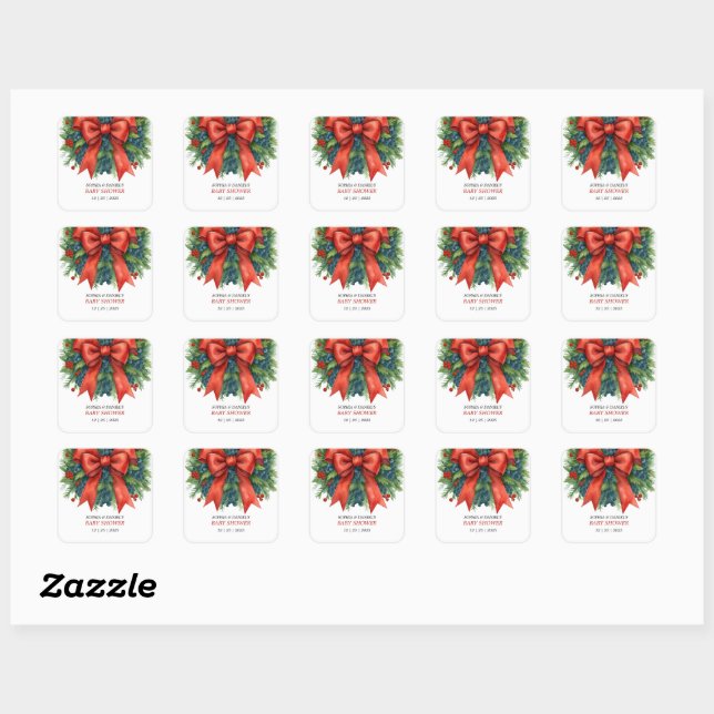 Red Bow Christmas Baby Shower Quadratischer Aufkleber (Blatt)