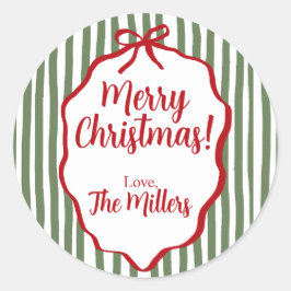 Red Bow Christmas, Green Stripe Custom Runder Aufkleber