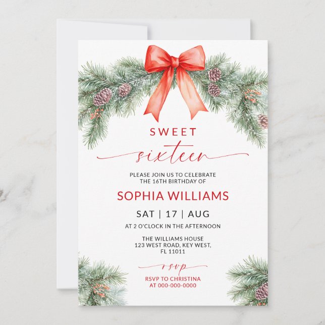 Red Bow Christmas Sweet 16 Birthday Invitation Einladung (Vorderseite)