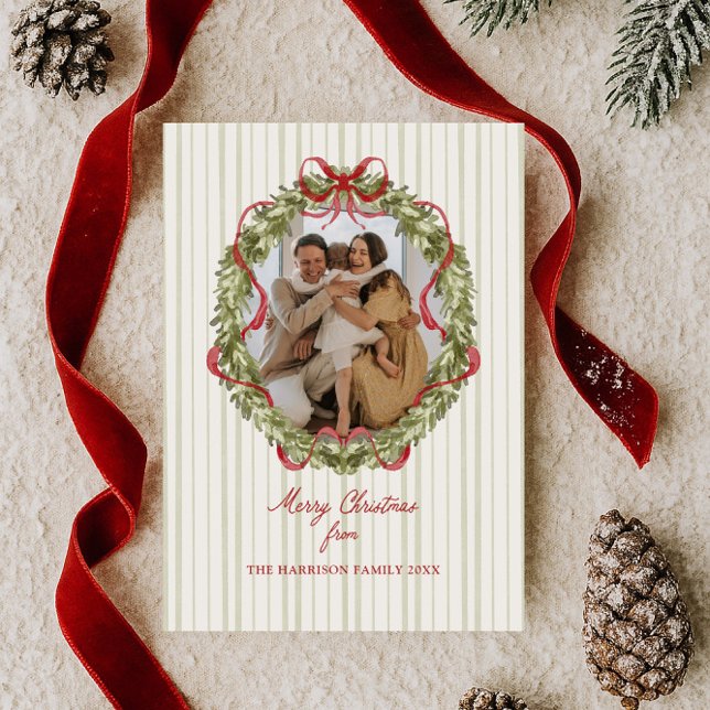 Red Bow Christmas Wreath Foto Feiertagskarte (Von Creator hochgeladen)