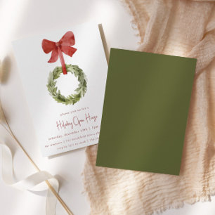 Red Bow Christmas Wreath   Holiday Open House Einladung