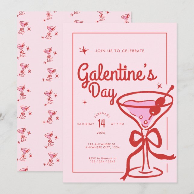 Red Bow Cocktail Galentine's Day Einladung (Vorne/Hinten)