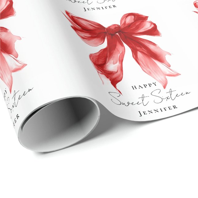 Red Bow Coquette Script Sweet 16 Party  Geschenkpapier (Rolleneckpunkt)