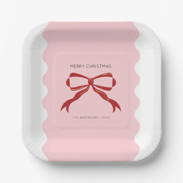 Red Bow Coquette Squiggly Borders Christmas Pappteller (Vorderseite)