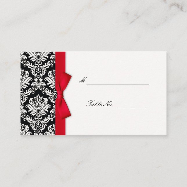 Red Bow Damask Wedding Placecards Platzkarte (Vorderseite)