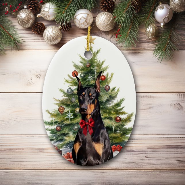 Red Bow Doberman Pinscher Dog Weihnachten Keramik Ornament (Von Creator hochgeladen)