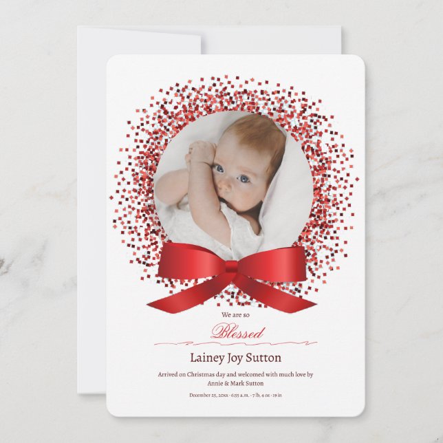 Red Bow Foto Birth Annou Ankündigung (Vorderseite)