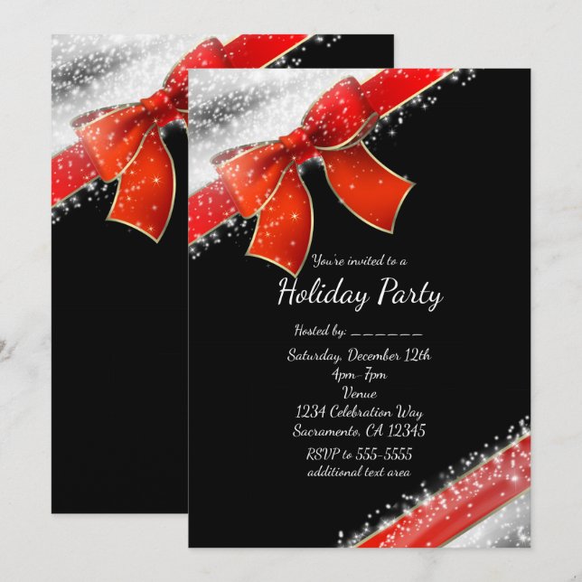Red Bow & Glitzern Chic Black Holiday Einladungen (Vorne/Hinten)