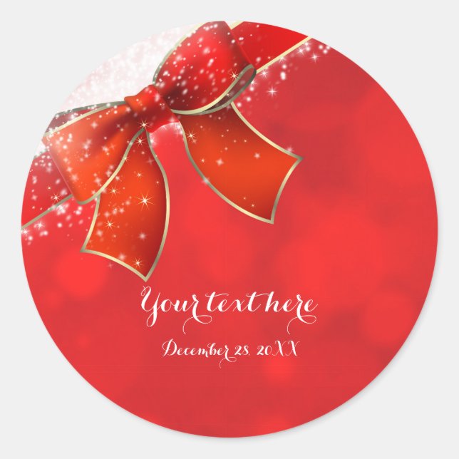 Red Bow & Glitzern Holiday Christmas Gefallen Runder Aufkleber (Vorderseite)