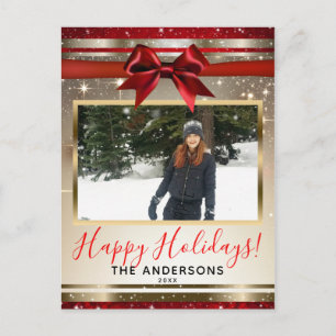 Red Bow Gold Beige Sparkle Holiday Foto Card Feiertagspostkarte