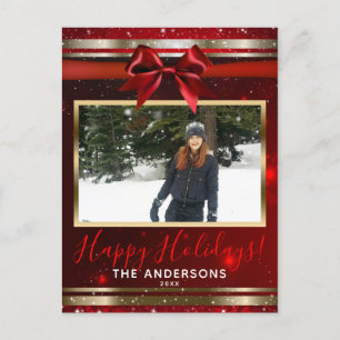 Red Bow Gold Glam Sparkle Carte photo de vacances