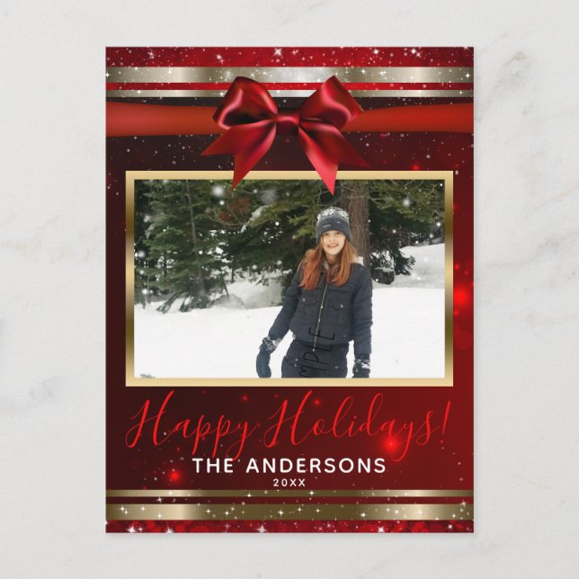 Red Bow Gold Glam Sparkle Carte photo de vacances (Devant)