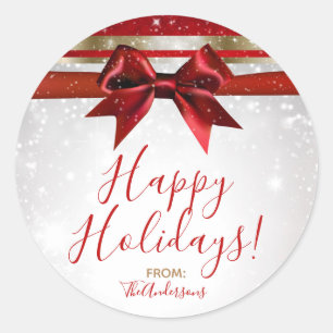 Red Bow & Gold Weißer Sparkle Runder Aufkleber