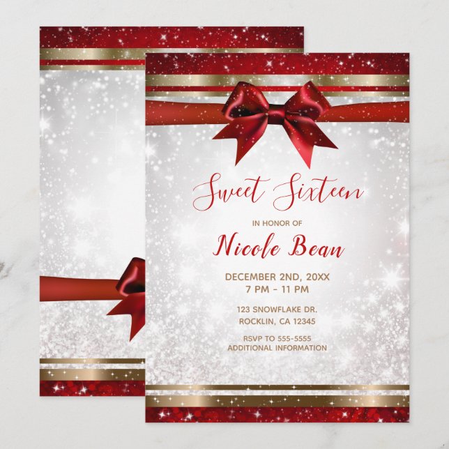 Red Bow & Gold White Sparkle Holiday Sweet 16 Einladung (Vorne/Hinten)