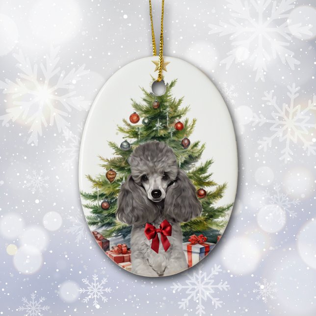 Red Bow Gray Miniature Poodle Dog Weihnachten Keramik Ornament (Von Creator hochgeladen)