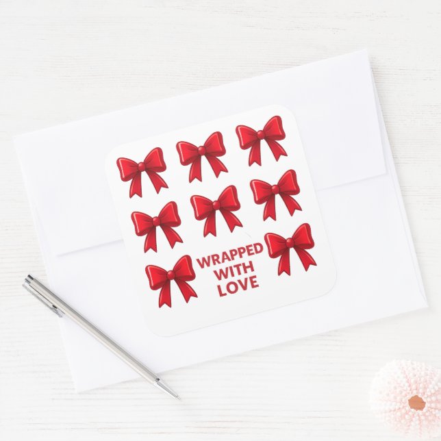 Red Bow Holiday Muster mit Liebe ummantelt Quadratischer Aufkleber (Umschlag)