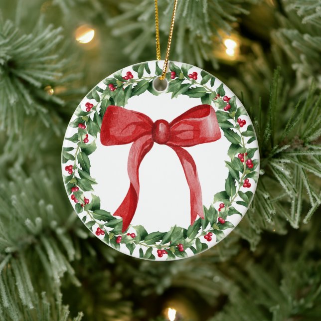 Red Bow Holiday Wreath Classic Weihnachtsbaum Keramik Ornament (Baum)